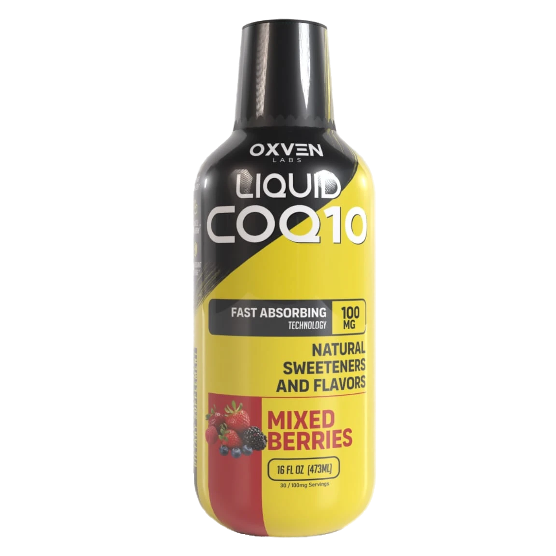 A bottle of OXVEN Liquid COQ10 Mixed Berries sweetener on a solid white background. The bottle is black and yellow with a red berry graphic at the bottom.