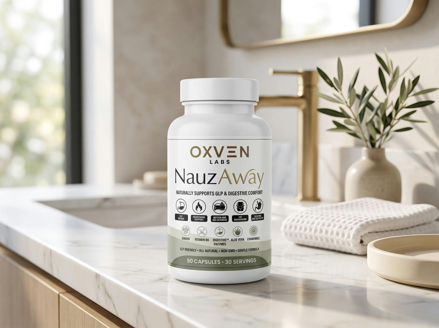 Two Oxven NauzAway jars on a bathroom counter