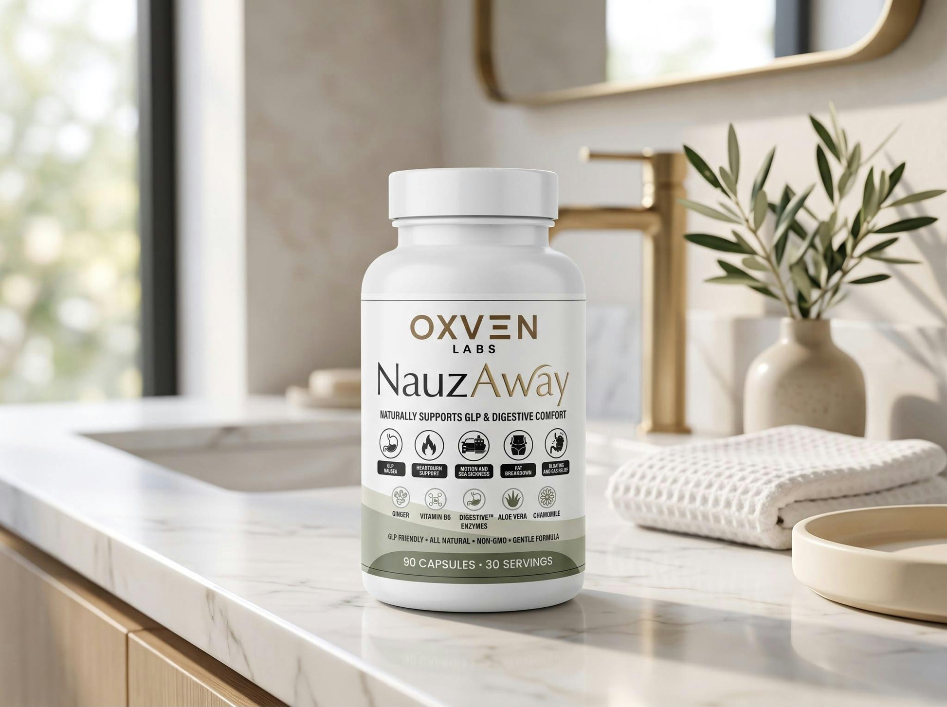 Two Oxven NauzAway jars on a bathroom counter